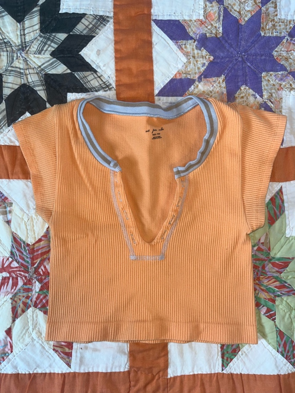 Urban Outfitters Orange Ribbed V-Neck Crop Top with Contrast Trim